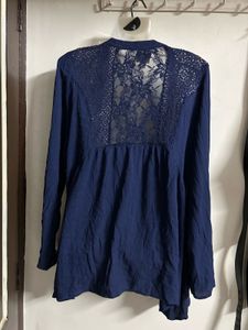 Blue Lace Trim Open Front Cardigan