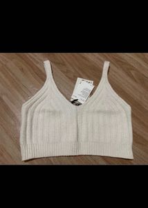 Cream Ribbed Knit V-Neck Crop Top