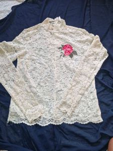 Lace Rose Embroidered Mock Neck Top