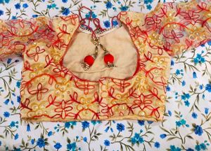 Embroidered Net Blouse with Tassels