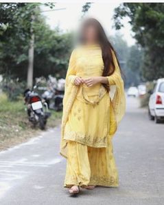 Yellow beautiful plazzo kurta set with pure chiffo