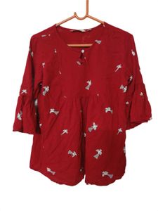 Red Embroidered Bell Sleeve Top
