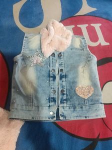 Sparkly Denim Vest with Fur Collar