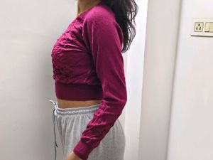 Burgundy Long Sleeve Crop Top