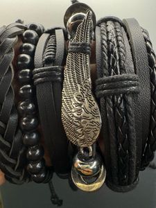 6 Piece Emo &amp; Goth Black Leather Bracelet Set