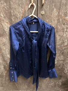 Elegant Navy Blue Satin Bow Blouse