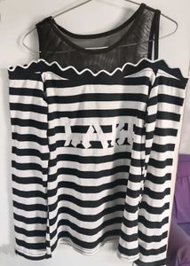 Stylish Black &amp; White Striped Cold Shoulder Top