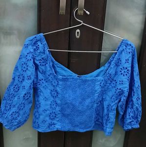 Blue Broderie Anglaise Crop Top