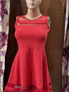 Chic Red Mesh Detail Fit & Flare Dress