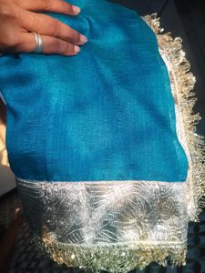 Beautiful Teal Saree with Silver Border