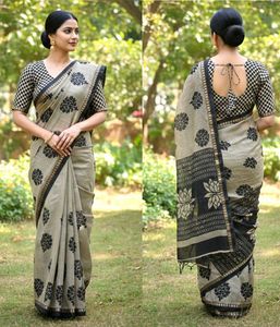 Elegant Floral Print Saree with Contrast Blouse