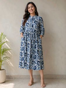 Blue Floral Print Cotton dress