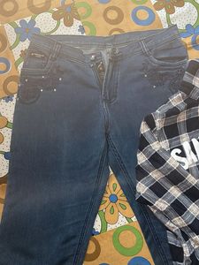 Blue Denim Capris &amp; Plaid Shirt Set combo