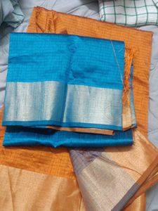 new orange saree with blue blouse material