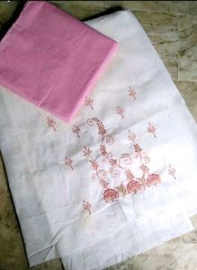 3 piece cotton embroidery pink&amp;white suit(unstitcd