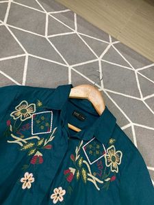 Embroidered Teal Button-Down Shirt