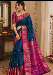 Stunning Teal Saree with Pink Border