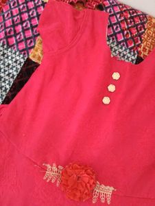 Girls Red Embroidered Casual Dress