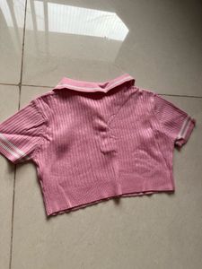 Pink Ribbed Button-Up Knit Top