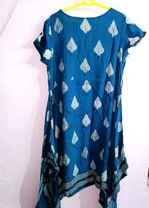 Boho Blue Leaf Print Tunic Dress