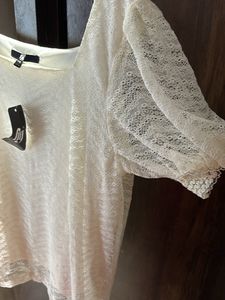 Off White Tshirt, Net Pattern, With Puff Sleeves