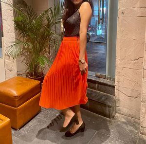 Chic Black Lace &amp; Orange Pleated Dress