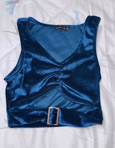 Velvet Ruched Crop Top with Buckle Detail