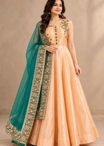 Women’s Peach Golden Embroidered Anarkali Gown wit