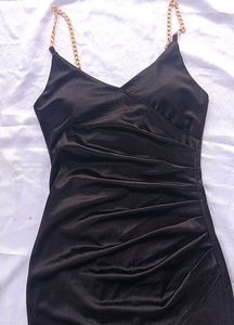 satin Black Dress padded with Gold Chain Straps