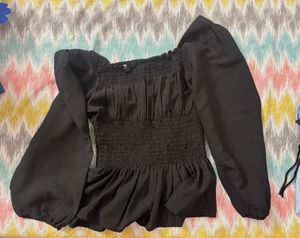 Black Smocked Puff Sleeve Top