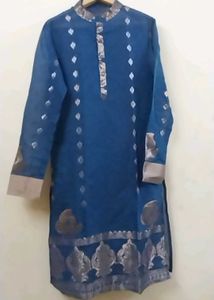 Elegant Blue Kurta with Silver Embellishments