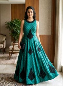 Green & Black Checked Ethnic Gown