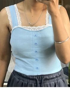 Cute Blue Lace Trim Knit Tank Top