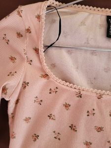 H&amp;M Picot Trimmed Ribbed Top Peach/S