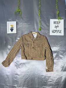 Cropped Geometric Print Denim  Jacket