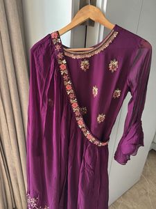 Purple Embroidered Ethnic Gown Set with Shrug