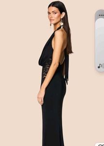 Elegant Black Halter Lace Trim Dress