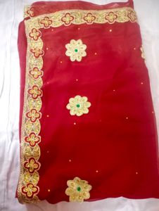 Red Saree with Golden Border