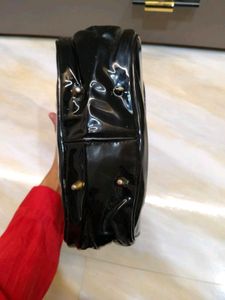 Chic Black Patent Handbag with Wooden Handle