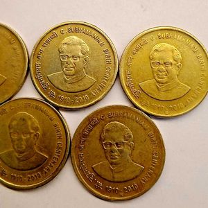 Set Of 5 Five Rupee C.Subramaniam Centenary Coins