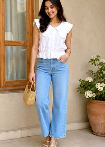 White Cropped Blouse with Peter Pan Collar size-34