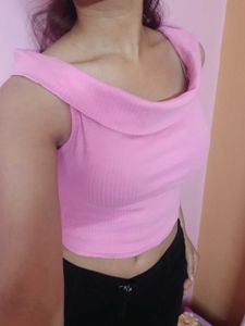 Pink Off-Shoulder Ribbed Crop Top