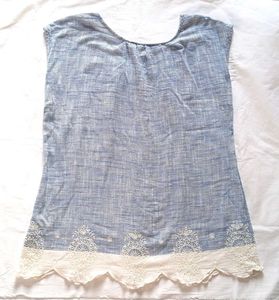 Blue Striped Sleeveless Top with Lace Trim