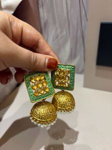 Exquisite Jhumka Earrings with Green Detail