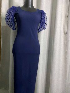 Elegant Navy Blue Dress with Polka Dot Sleeves