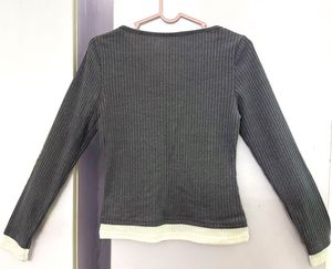 Chic Dark Gray Ribbed Long Sleeve Top