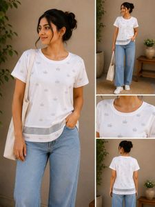 Elegant White Crown Print Mesh Hem Top