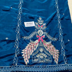 *French Crepe Peacock Embroidered Suit with Zari W