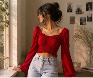 Red Ruched Long Sleeve Crop Top