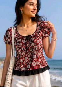 Floral Print Boho Top with Tie Neck